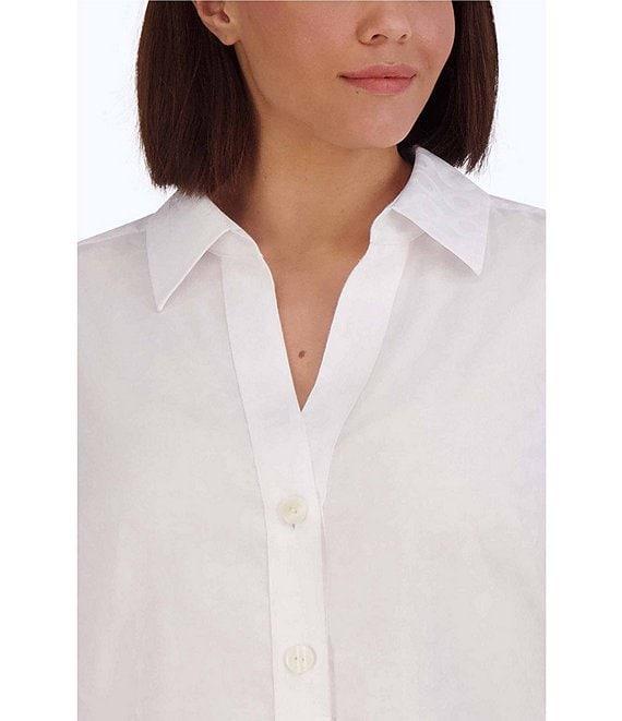 Foxcroft Plus Size Paityn Jacquard Point Collar Long Sleeve Shirttail Hem Button Front Shirt Product Image