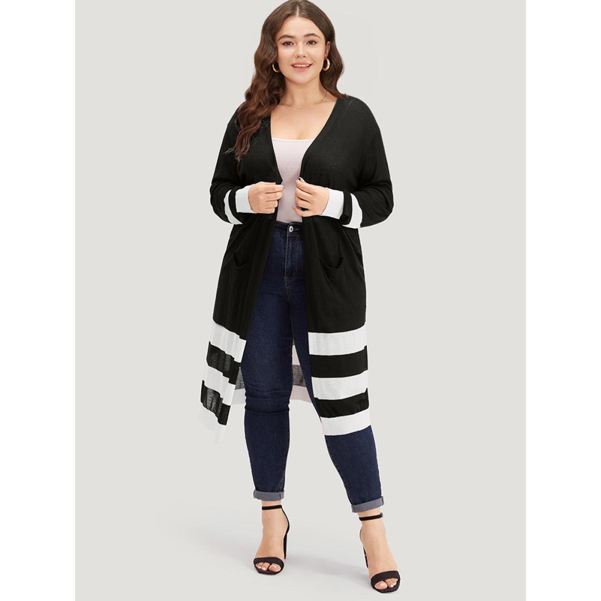 Plus Size Supersoft Essentials Contrast Patched Pocket Maxi Cardigan Black Women Casual Loose Long Sleeve Dailywear Cardigans BloomChic 14-16/1X Product Image