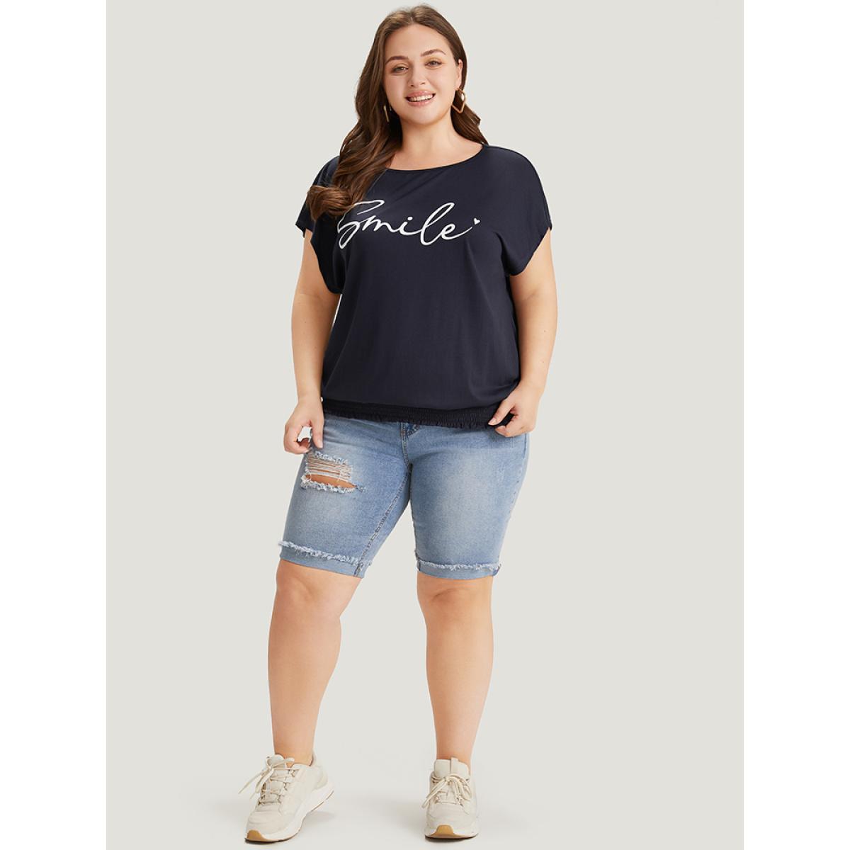 Plus Size Letter Print Batwing Sleeve Shirred Hem T-shirt DarkBlue Women Casual Printed Letter Dailywear T-shirts BloomChic 12/L Product Image