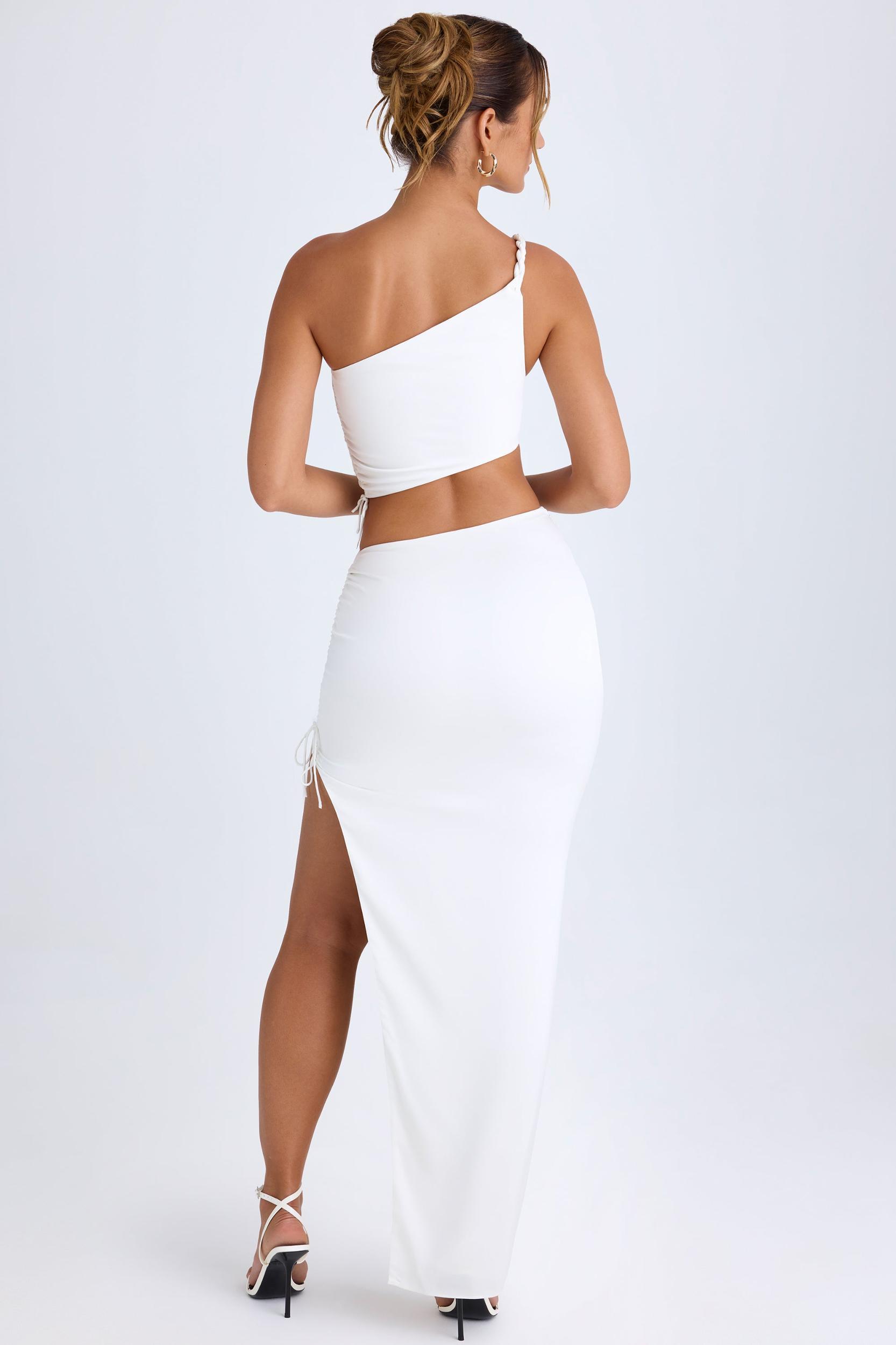 Ruched Asymmetric-Waist Maxi Skirt in White Product Image