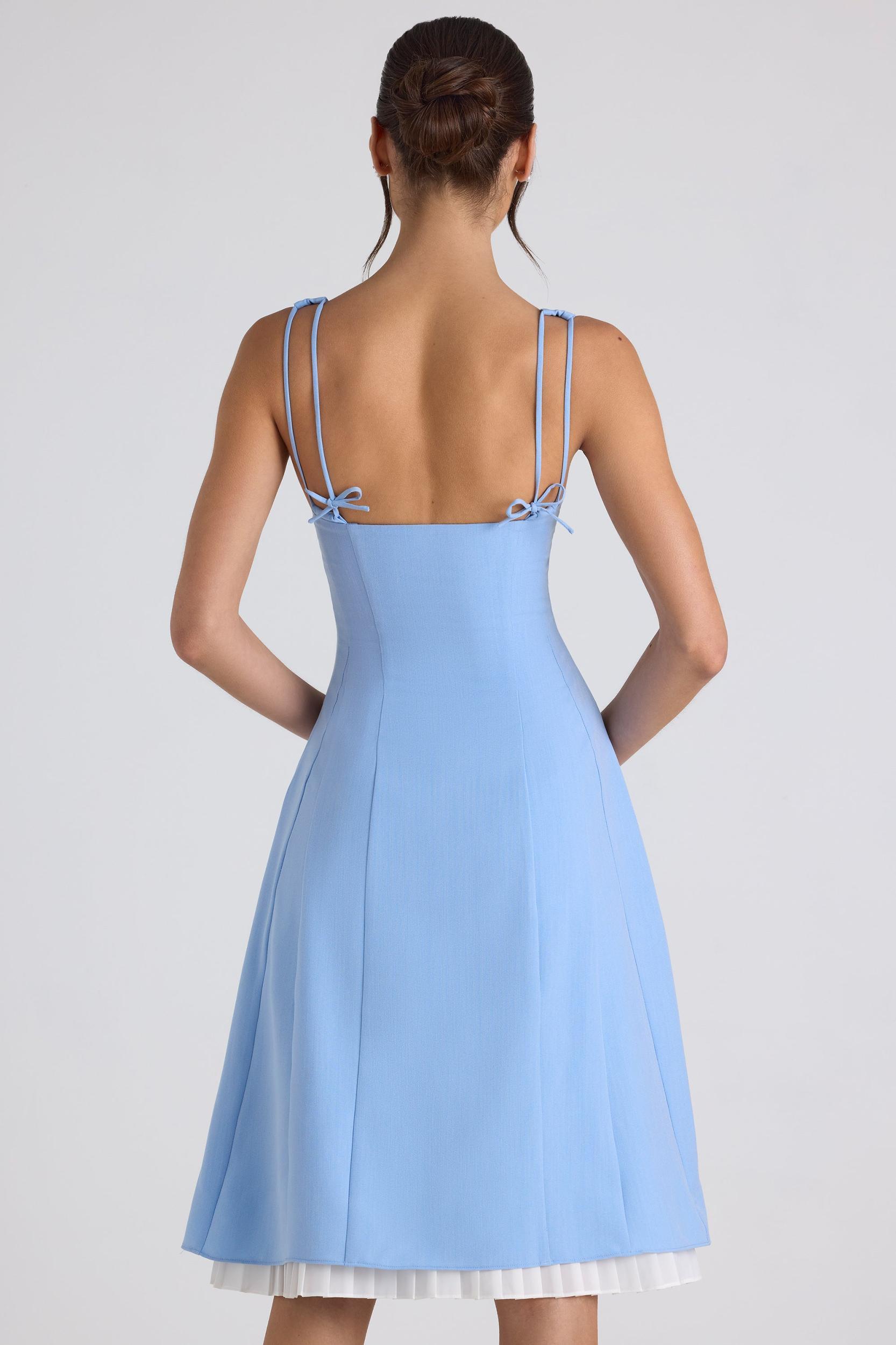 Bow-Detail Pleated A-Line Midi Dress in Sky Blue Product Image