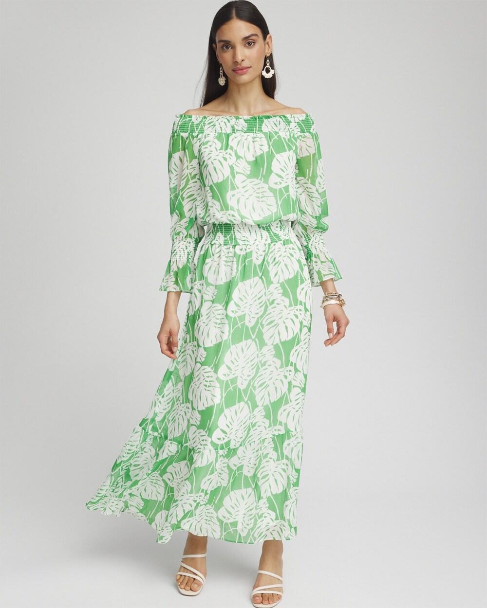 Chiffon Palms Smocked Shoulder Dress Product Image