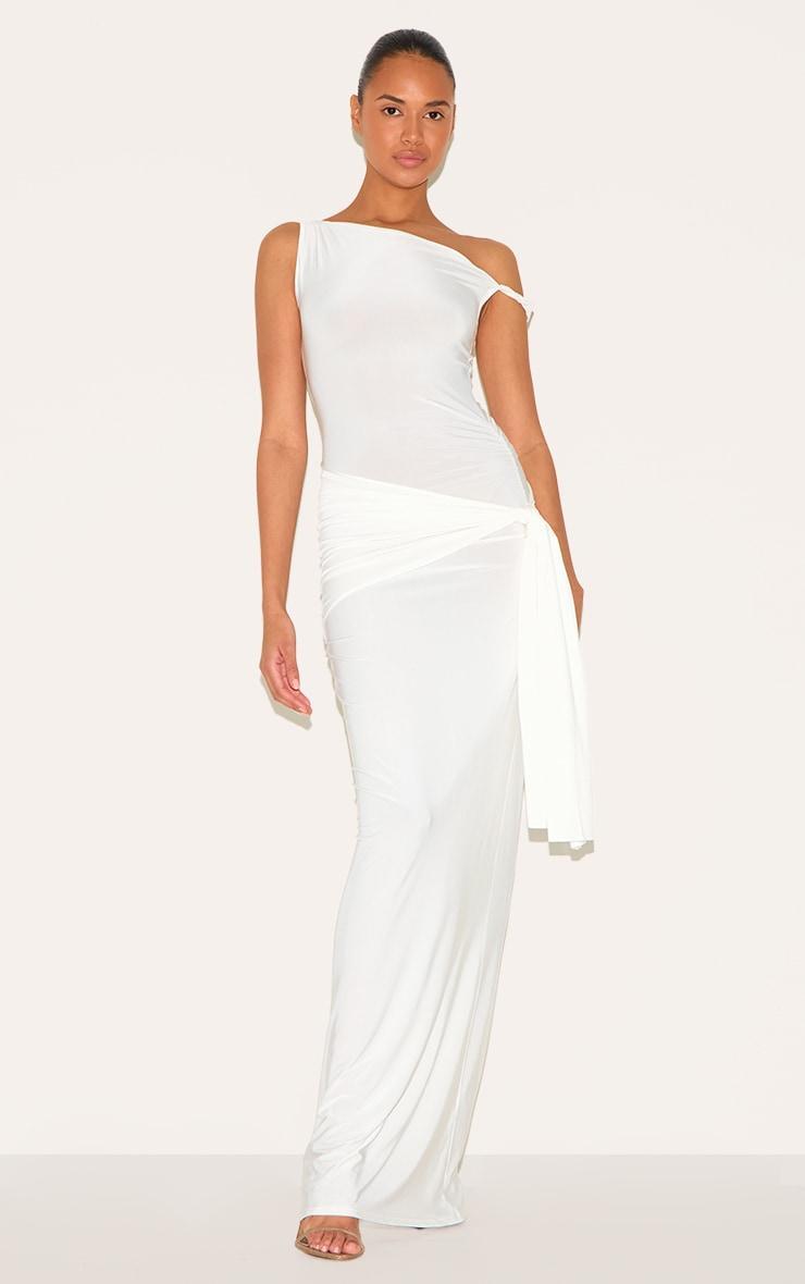 Cream Slinky Off Shoulder Wrap Detail Maxi Dress Product Image