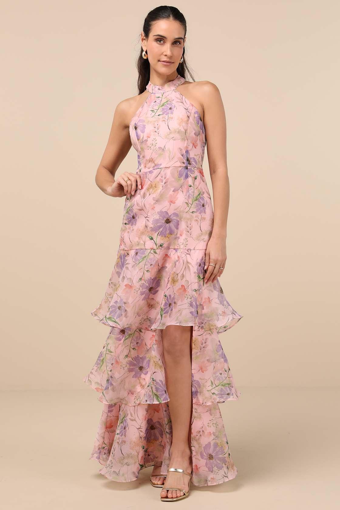 Forever Exceptional Light Pink Floral Halter Organza Maxi Dress Product Image