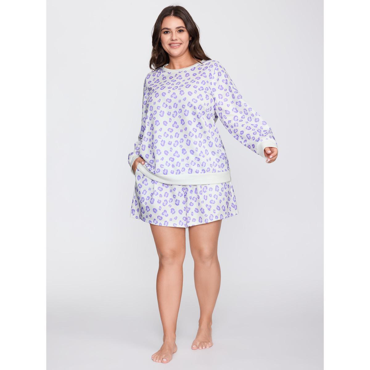 Plus Size Cozy Leopard Print Contrast Loungewear Set Women Originalwhite Contrast Long Sleeve Round Neck Playful Loungewear Sets BloomChic 28/5X Product Image