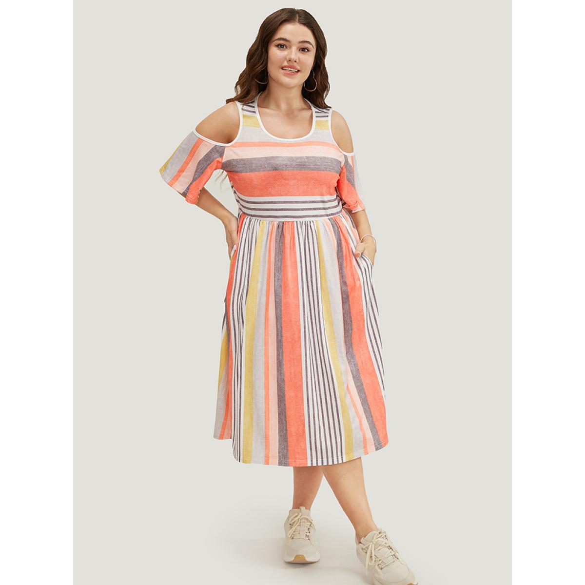 Plus Size Striped Contrast Pocket Cold Shoulder Ruffle Midi Dress Multicolor Women Casual Contrast Cold Shoulder Short sleeve Curvy Midi Dress BloomChic 10/M Product Image