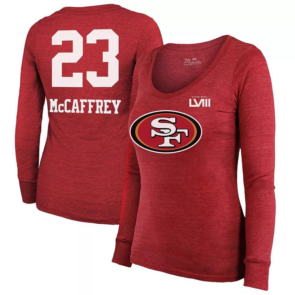 Women's Majestic Threads Christian McCaffrey Scarlet San Francisco 49ers Super Bowl LVIII Scoop Name & Number Tri-Blend Long Sleeve T-Shirt, Size: Large, Red Product Image