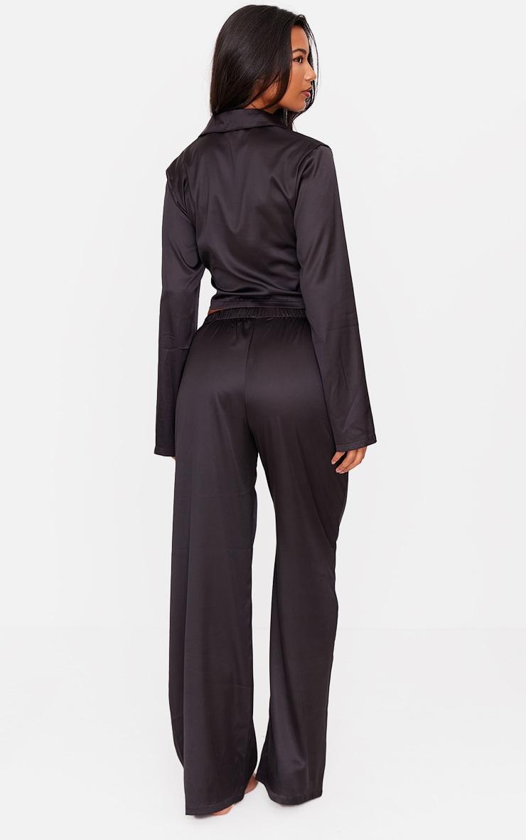Black Satin Cropped Wrap Long Pj Set Product Image