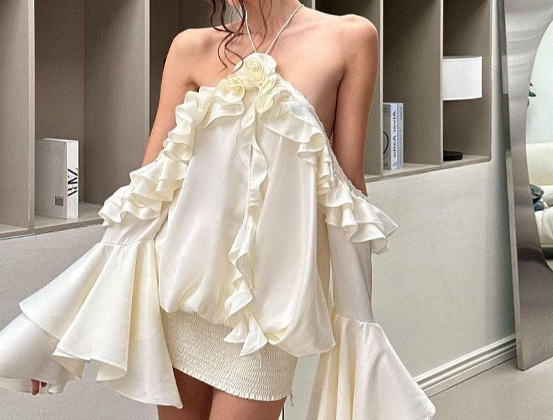 Long-Sleeve Halter Neck Off-Shoulder Plain Ruffle Trim Open Back Mini Bodycon Dress Product Image