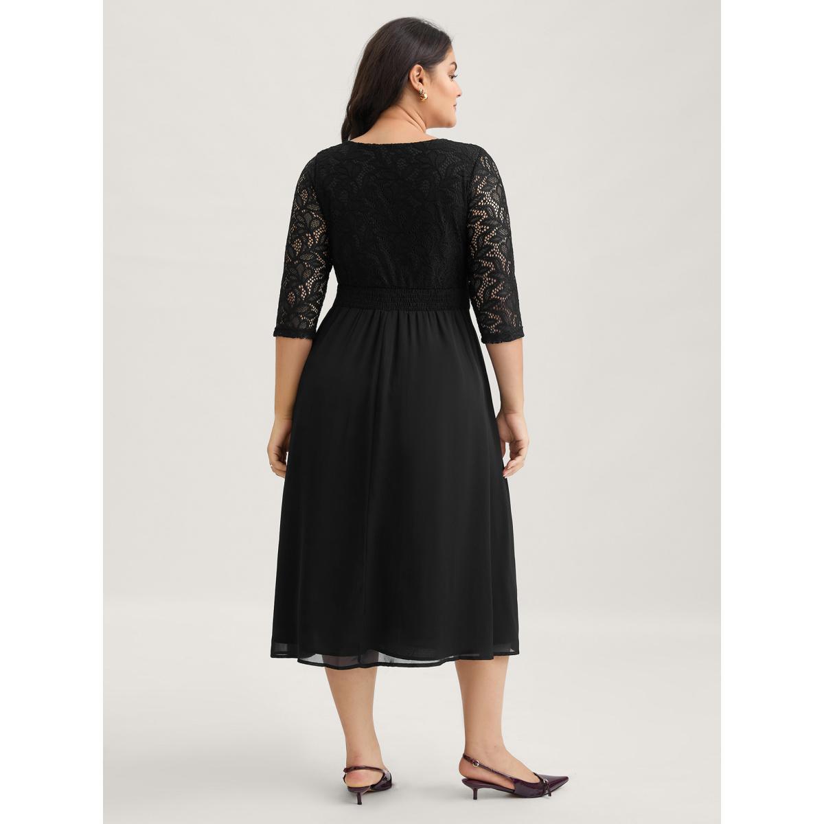 Plus Size Lace Patchwork Shirred Midi Pocket Dress Black Women Formal Woven ribbon&lace trim Round Neck Elbow-length sleeve Curvy BloomChic 22-24/3X Product Image