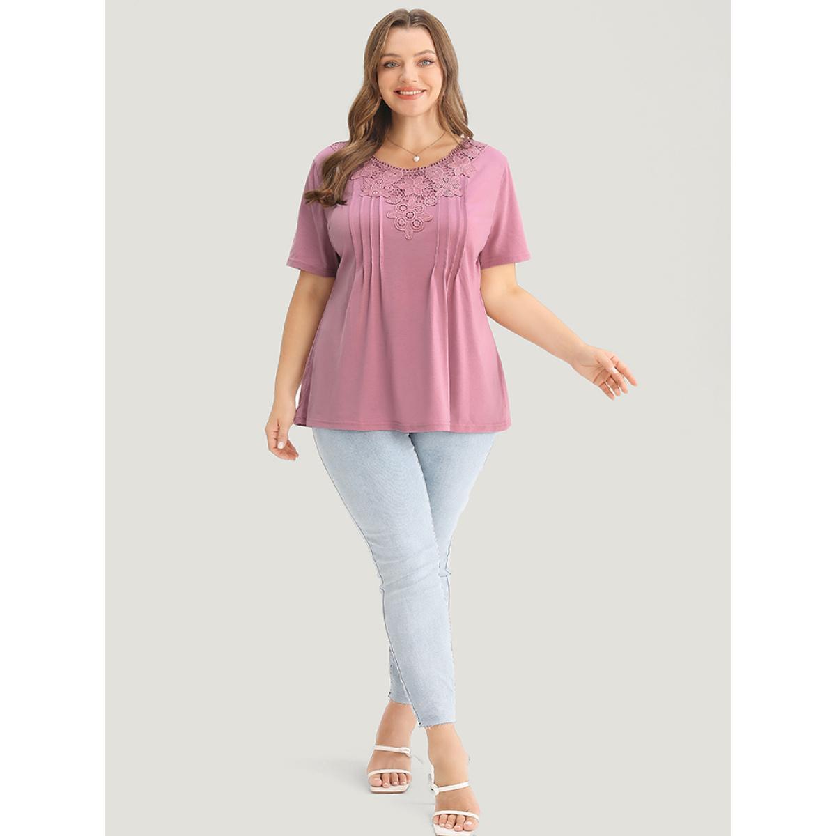 Plus Size Solid Floral Patchwork Pleated Front T-shirt Lilac Women Elegant Plain Round Neck Dailywear T-shirts BloomChic 26/4X Product Image