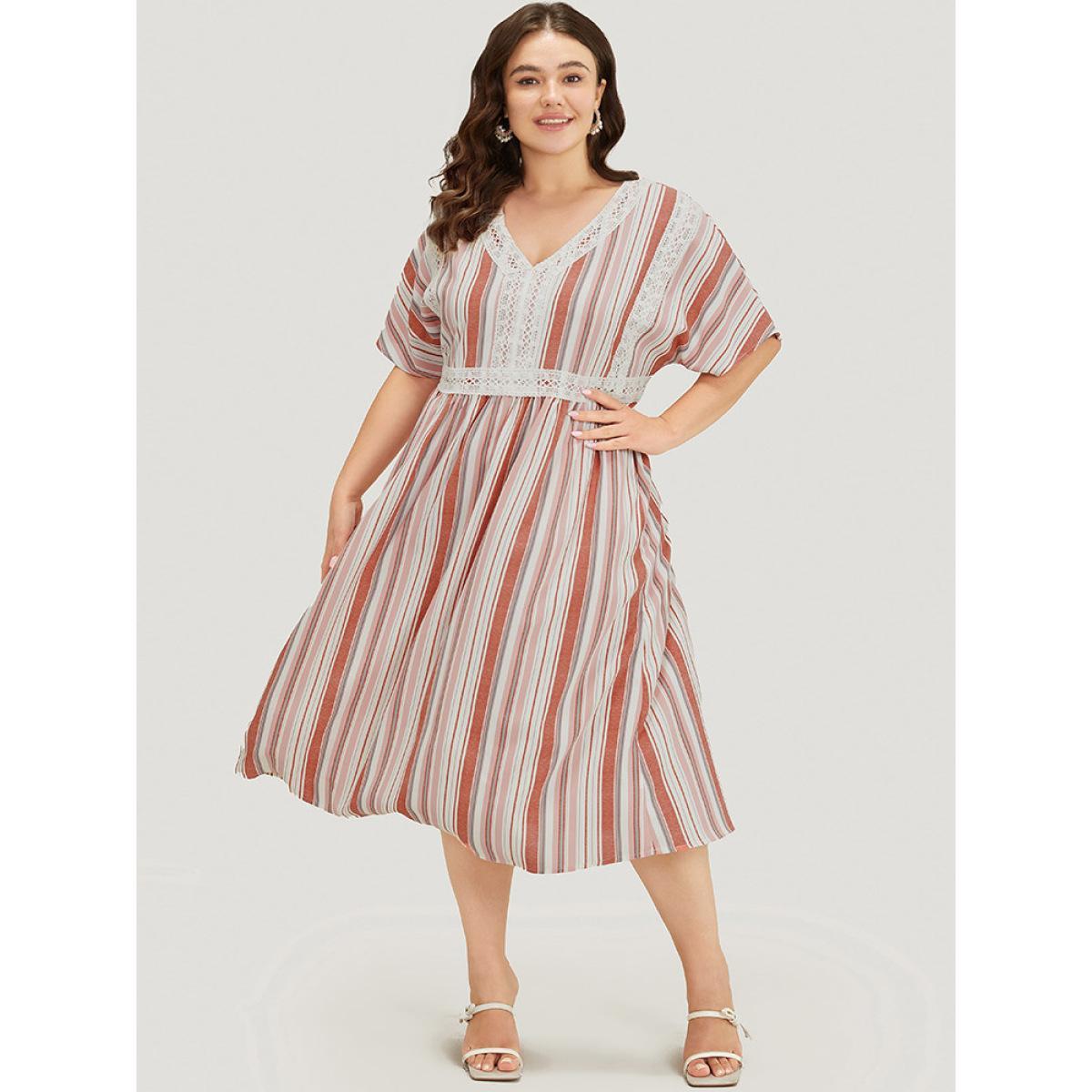 Plus Size Striped Contrast Pocket Lace Batwing Sleeve Midi Dress Crepe Women Vacation Patchwork V-neck Short sleeve Curvy Midi Dress BloomChic 22-24/3X Product Image