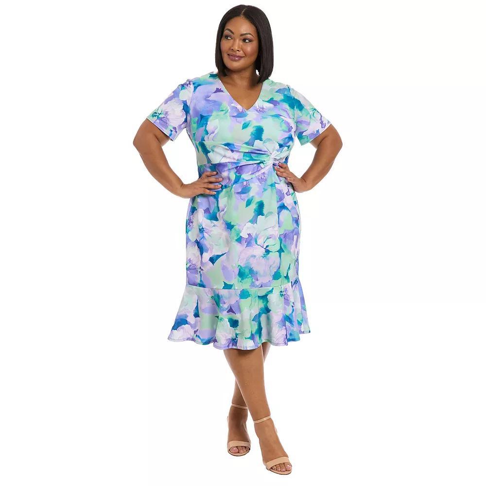 Plus Size London Times V-Neck Twist Flounce Midi Dress, Women's, Size: 18 W, Blue Team Product Image