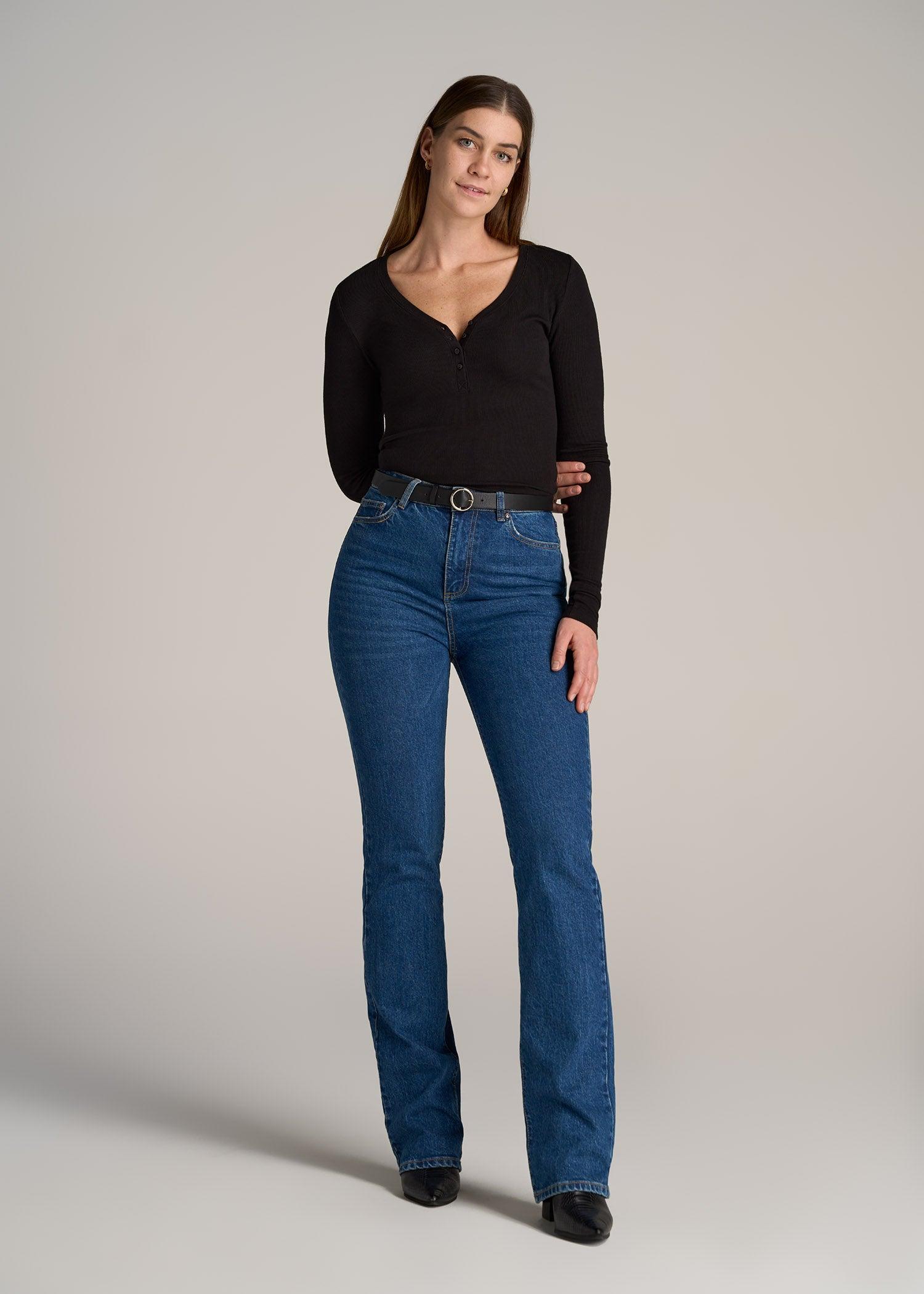 Fitted Ribbed Long Sleeve Henley for Tall Women in Black Female Product Image