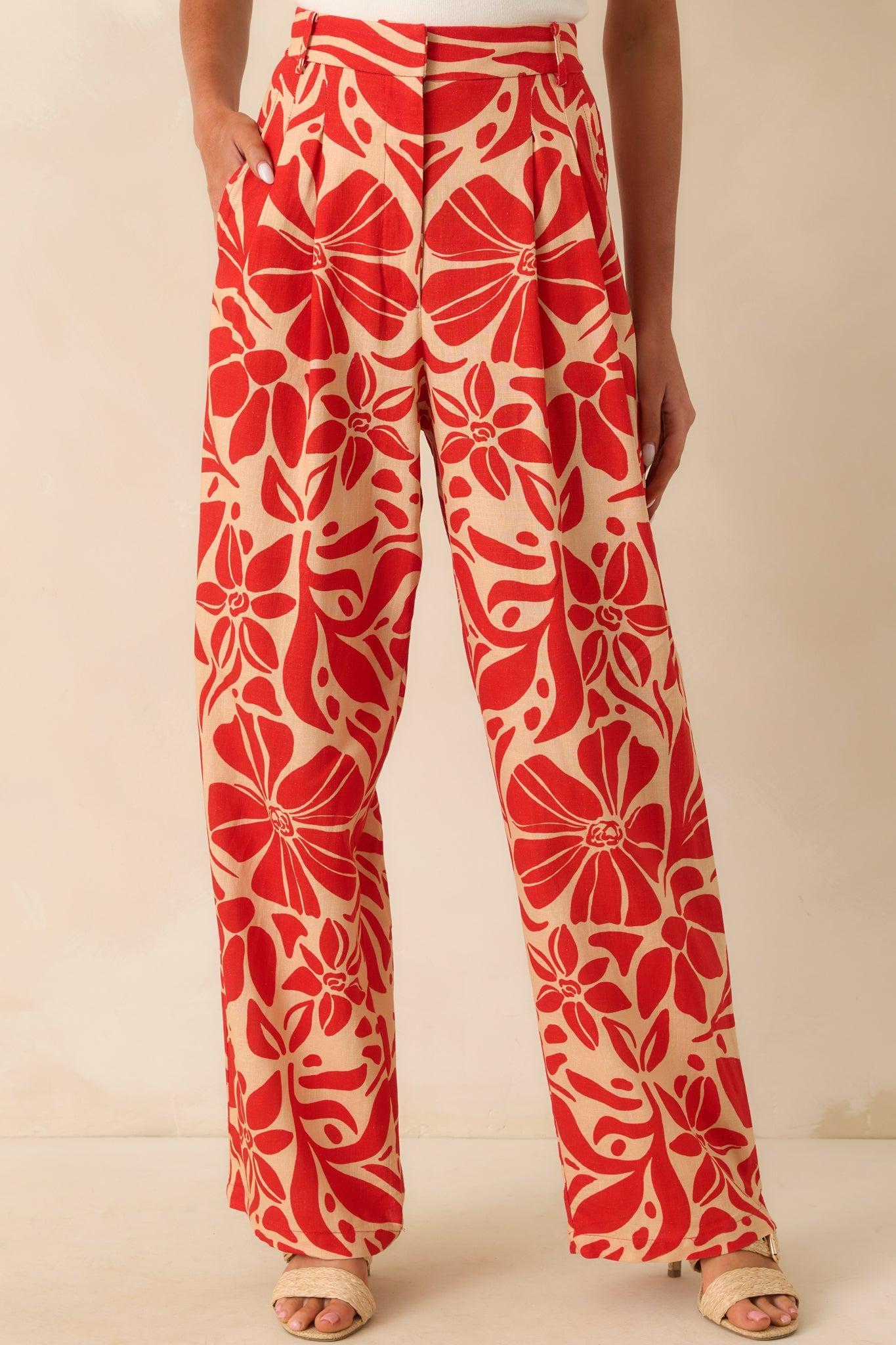Aylaya Red Floral Print Linen Blend Key West Pants Product Image