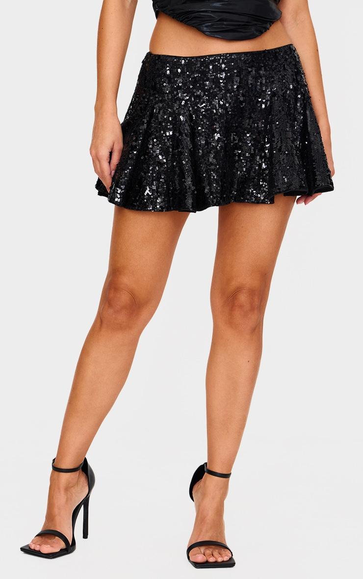 Black Premium Extreme Sequin Pleated Skater Skirt Product Image