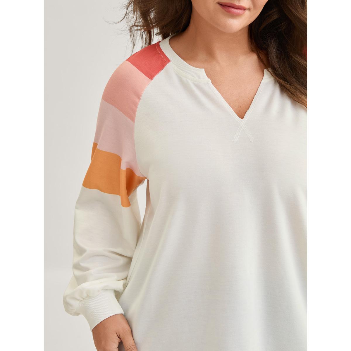 Plus Size Color Block Notched Collar Sweatshirt Women WhiteSmoke Contrast Flat collar with V-notch Casual Sweatshirts BloomChic 10/M Product Image