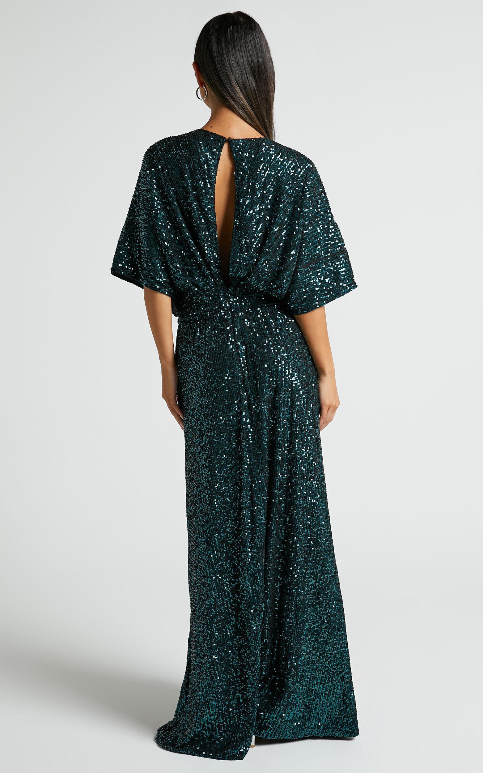 Miyah Maxi Dress - Sequin Plunge Short Sleeve Dress in Emerald Product Image