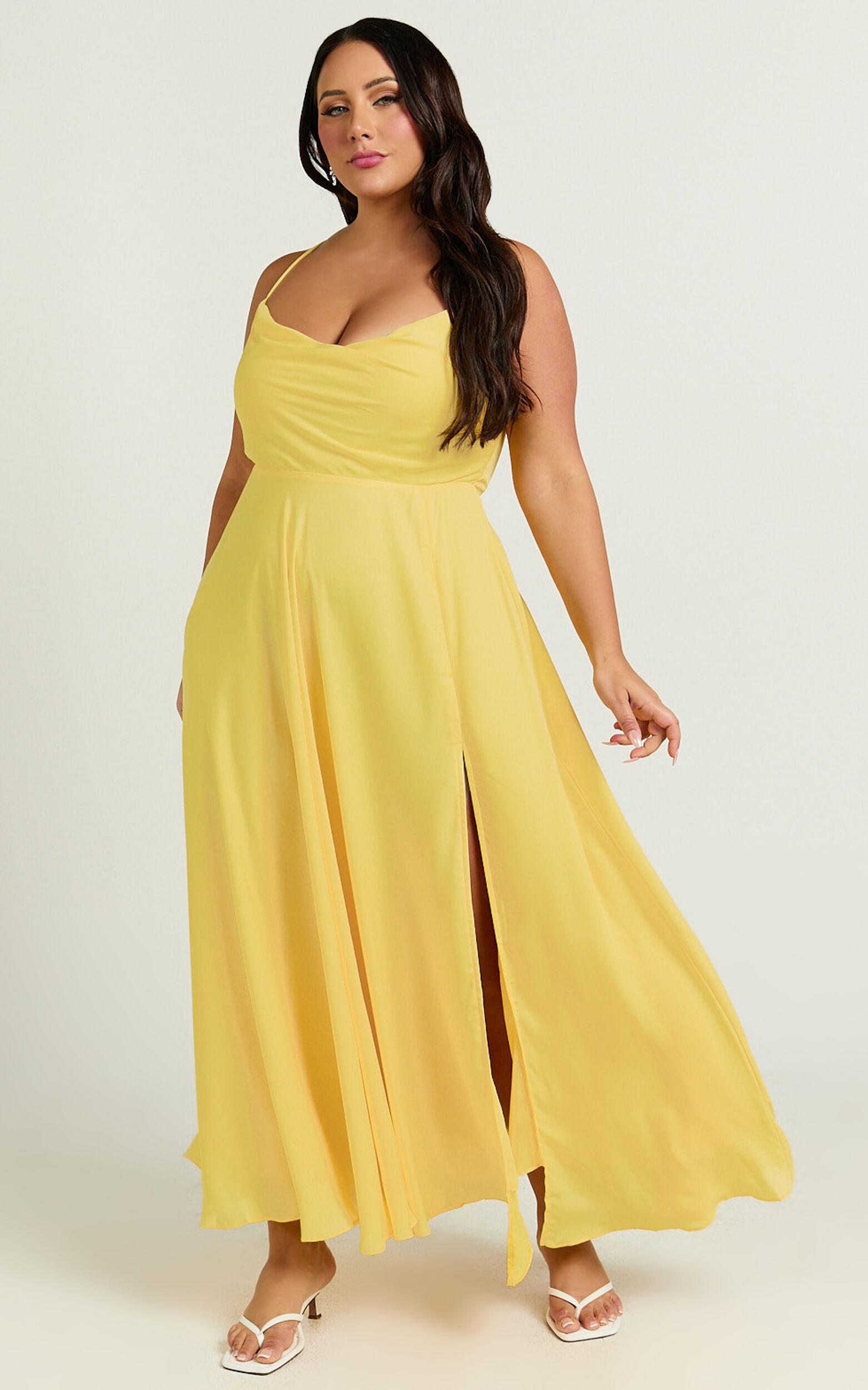 Celestine Midi Dress - Lace Up Back Cowl Neck Dress in Lemon Product Image