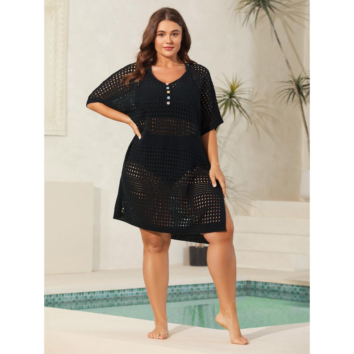 Plus Size Cut-Out Textured Buttons Swim Cover-Up Women's Swimwear Black Beach Loose Texture Curve Swim Cover Ups BloomChic 26/4X Product Image