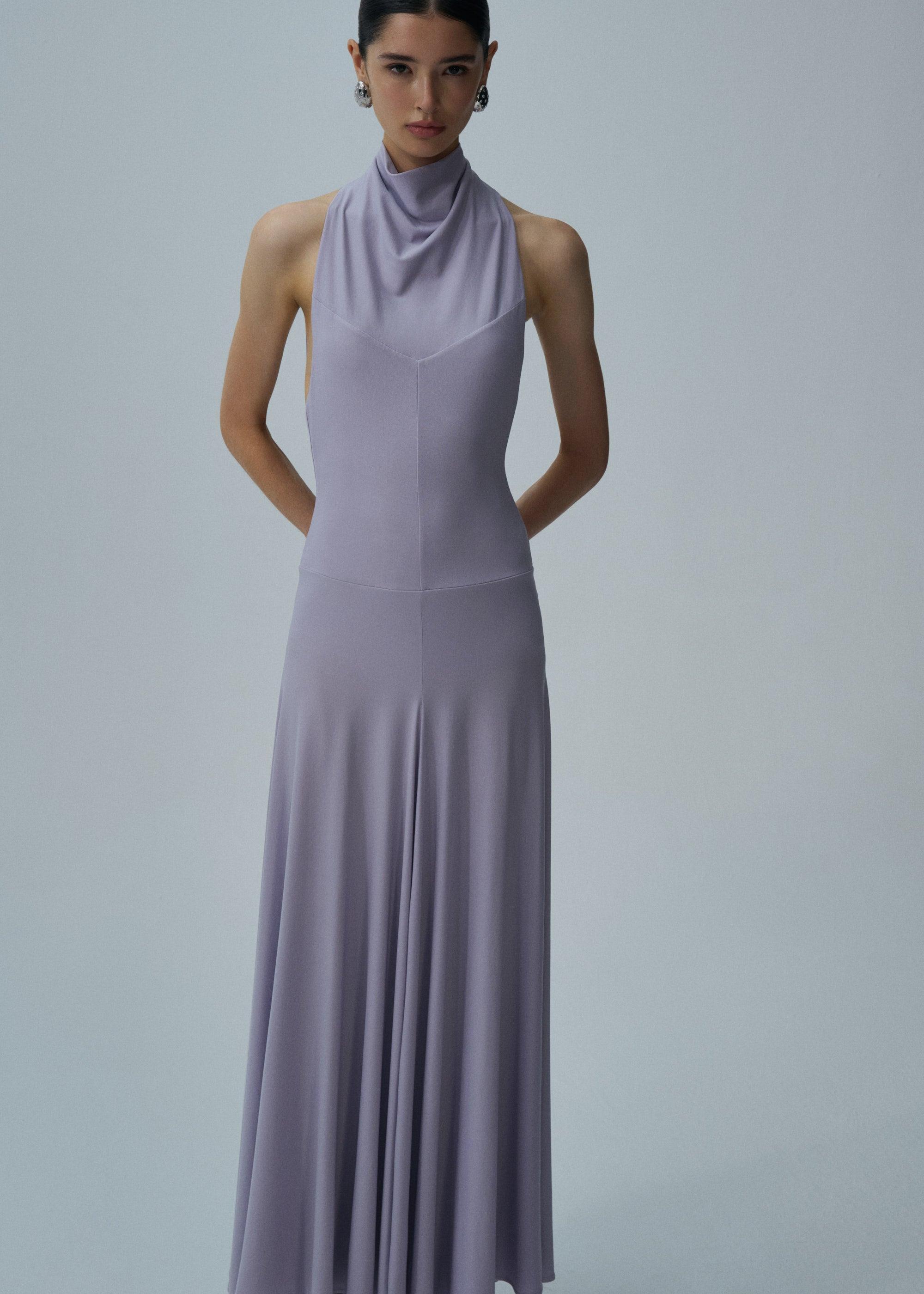 High neck cupro midi dress in purple Product Image