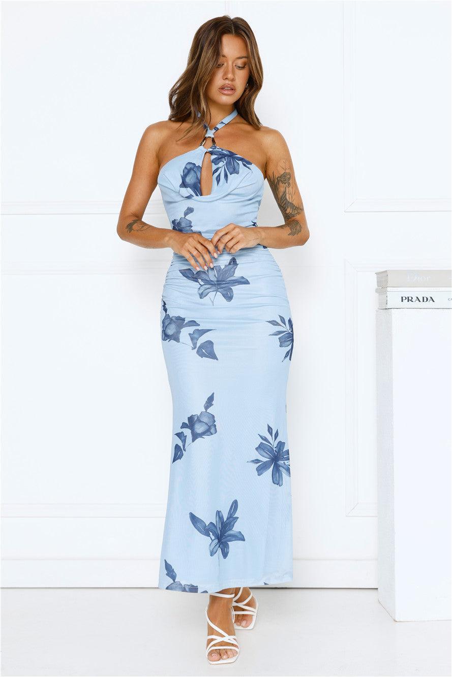 Petal Dusk Mesh Halter Maxi Dress Blue Product Image