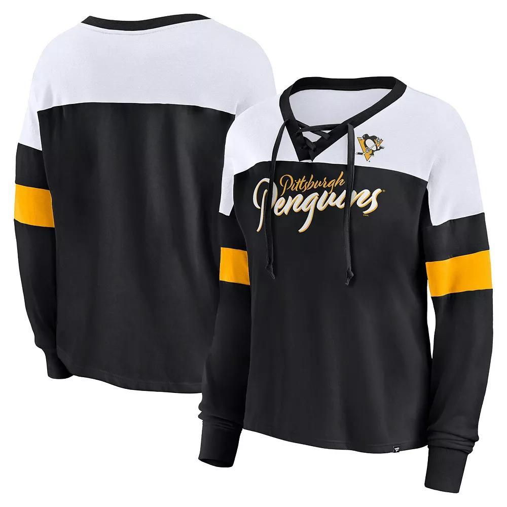 Women's Fanatics Black Pittsburgh Penguins Take the Shot Long Sleeve Lace-Up V-Neck T-Shirt, Size: Medium Product Image