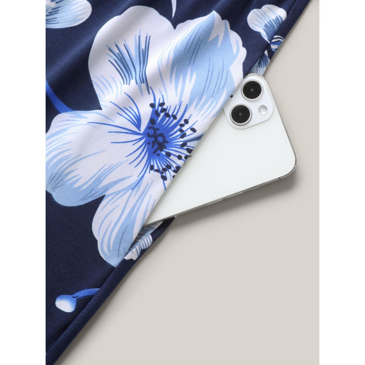 Plus Size DarkBlue Floral Print Knit Surplice Neck Jumpsuit Women Elegant Short sleeve Overlap Collar Everyday-Elegant Loose Jumpsuits BloomChic 22-24/3X Product Image