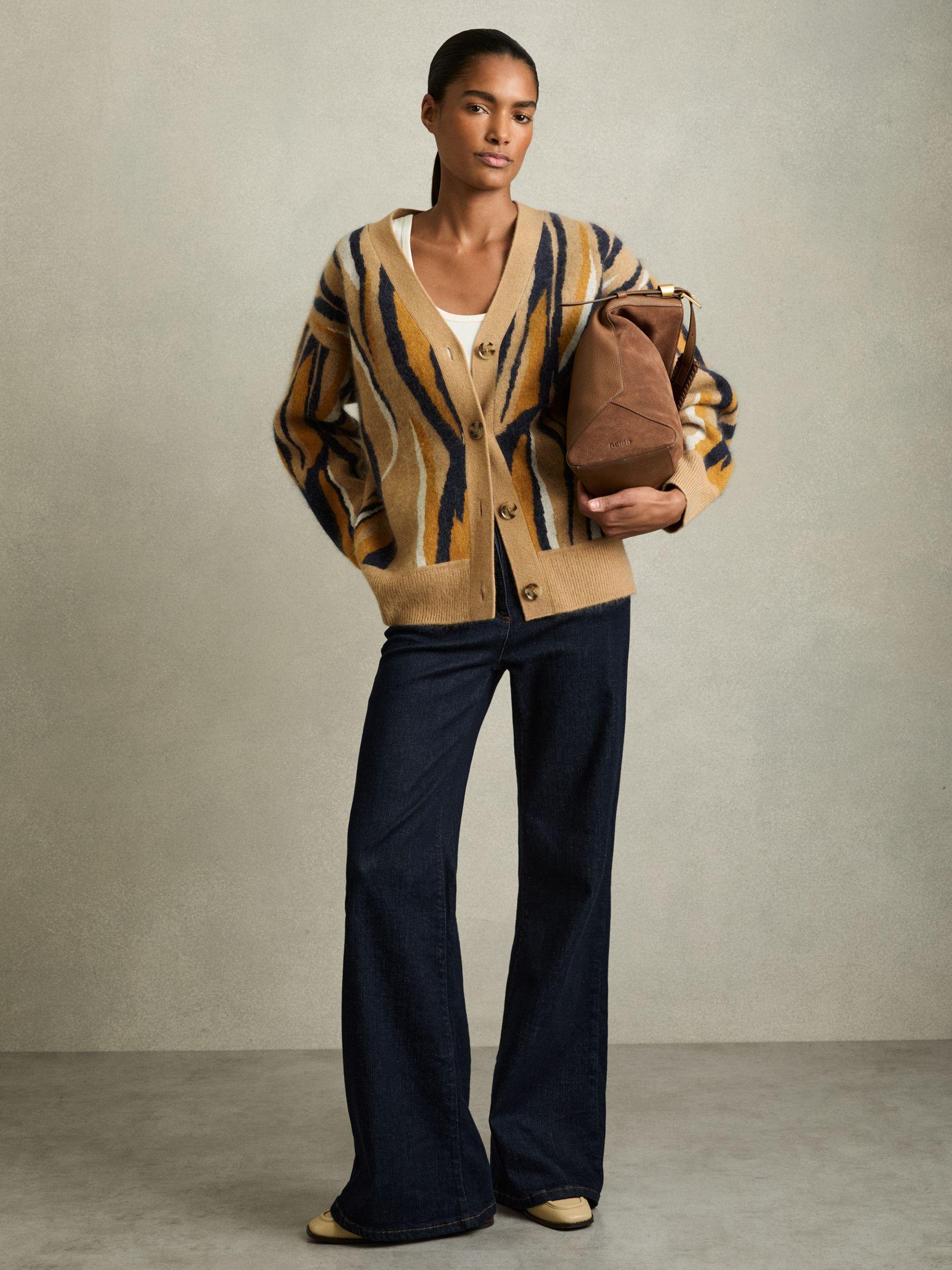 Wool Cashmere Intarsia Stripe Cardigan in Camel Product Image