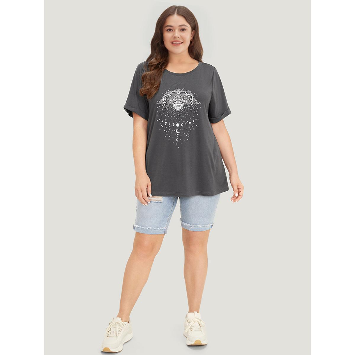 Plus Size Floral & Moon Print Crew Neck Roll Sleeve T-shirt DimGray Women Casual Printed Star and moon Dailywear T-shirts BloomChic 30/6X Product Image