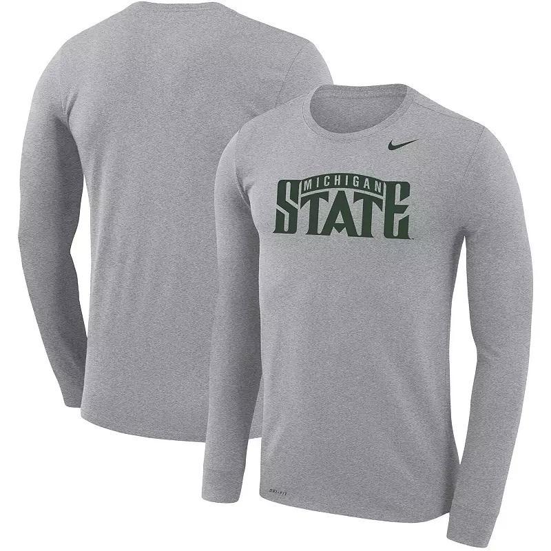 Men's Nike Heathered Gray Michigan State Spartans School Wordmark Logo Performance Legend Long Sleeve T-Shirt,  Product Image