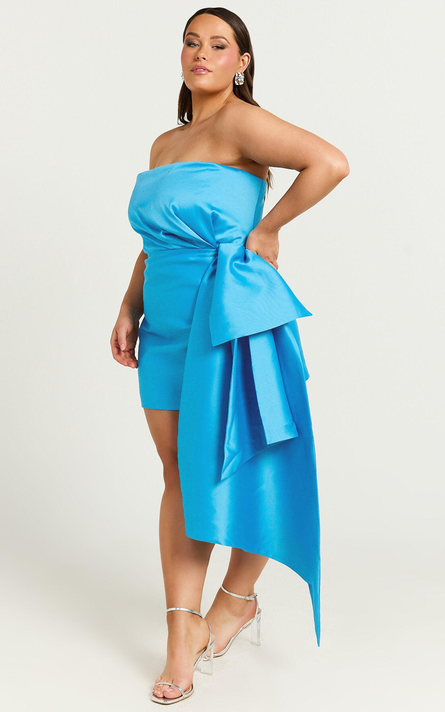 Jayce Mini Dress - Strapless Drape Dress in Blue Product Image