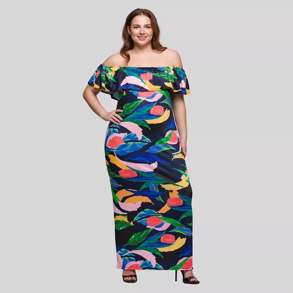 Plus Size 24Seven Comfort Apparel Abstract Off Shoulder Maxi Dress, Women's, Size: 1XL, Green Team Product Image