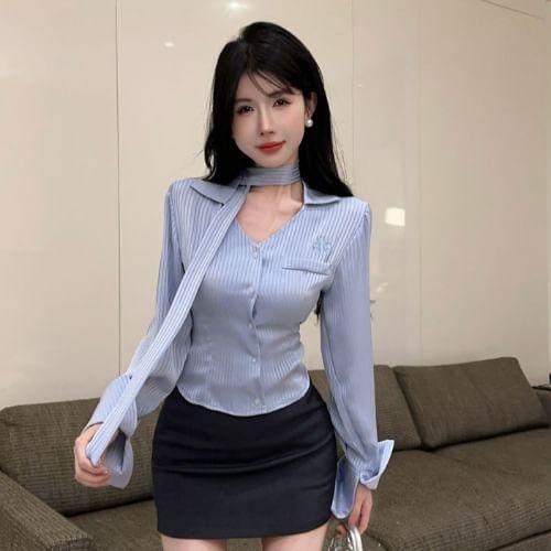 Long Sleeve V-Neck Collared Striped Shirt / High Waist Plain Mini Pencil Skirt Product Image