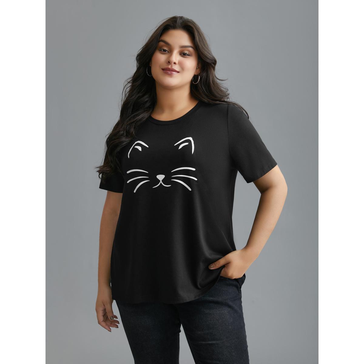 Plus Size Meow Print Round Neck Slim-Fit T-shirt Black Women Casual Non Animals Round Neck Everyday T-shirts BloomChic 30/6X Product Image
