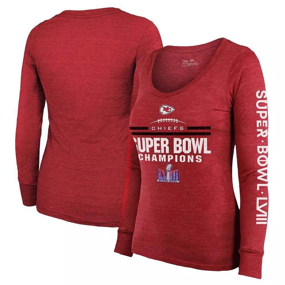 Women's Majestic Threads  Red Kansas City Chiefs Super Bowl LVIII Champions Goal Line Stand Scoop Neck Tri-Blend Light Weight Long Sleeve T-Shirt, Size: XL Product Image