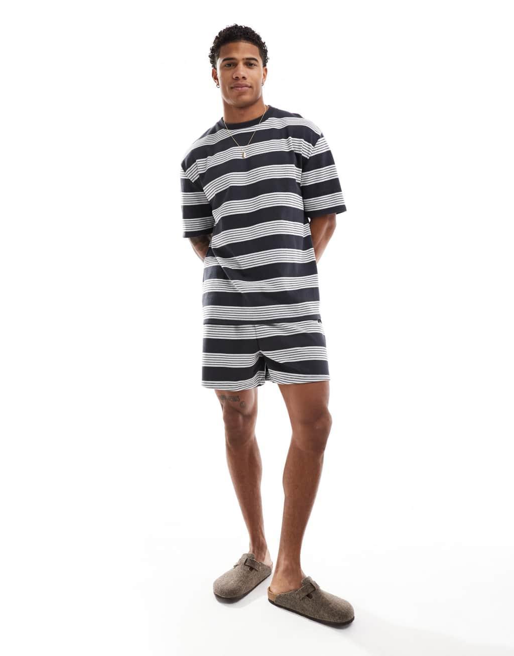 ASOS DESIGN pajama set with T-shirt and shorts in black stripe Product Image