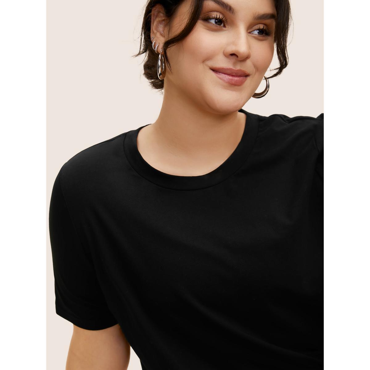 Plus Size Cotton Solid Basic Crew Neck Stretched T-shirt Black Women Basics Non Round Neck Everyday T-shirts BloomChic 12/L Product Image