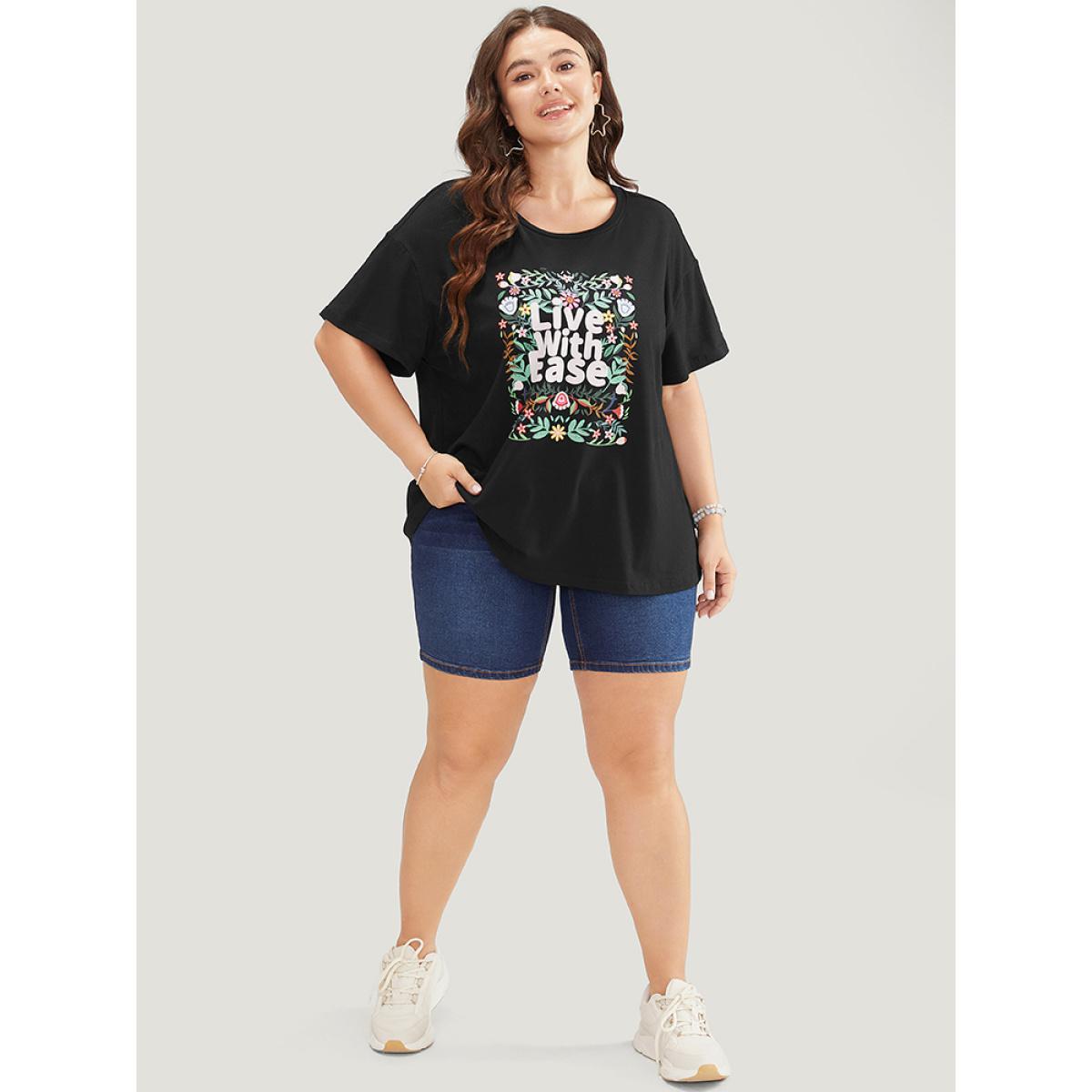 Plus Size Floral & Slogan Print Slightly Stretchy Casual T-shirt Black Women Casual Plain Natural Flowers Dailywear T-shirts BloomChic 14-16/1X Product Image