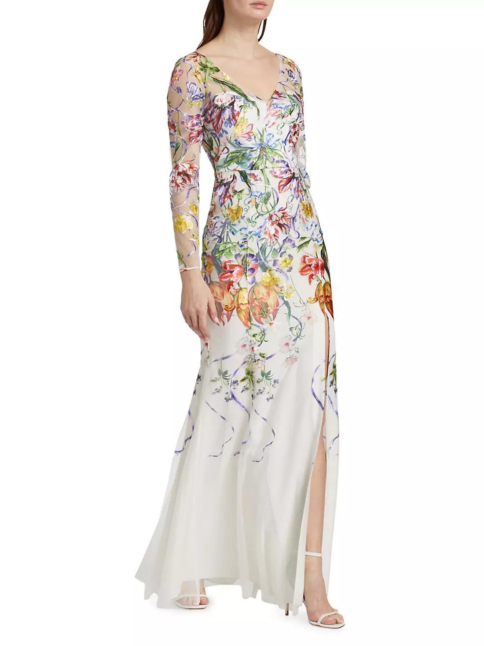 Floral Degradé Embroidered Tulle Fit-&-Flare Gown Product Image