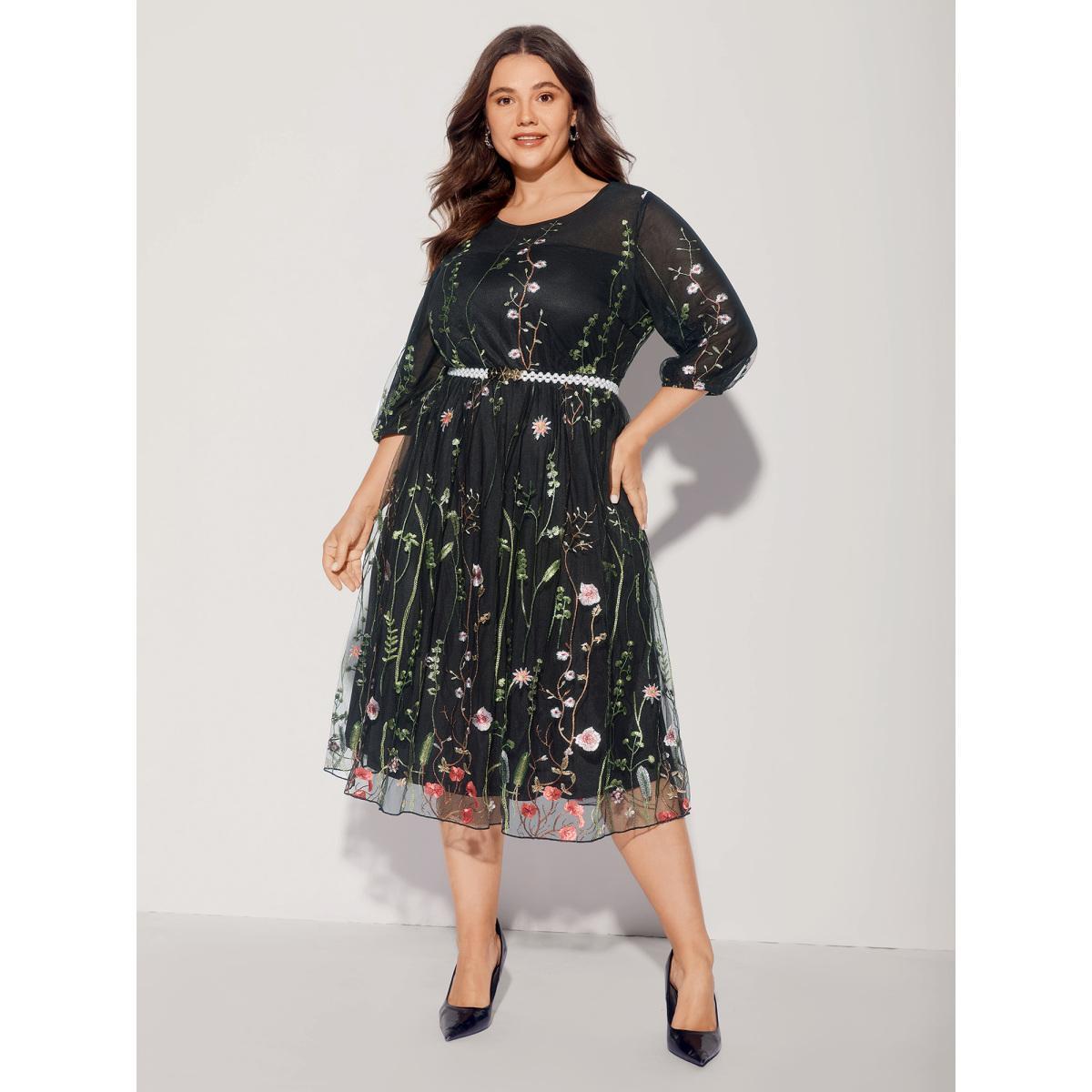 Plus Size Floral Embroidered Elastic Waist Lined Midi Dress Black Women Formal Texture Party Curvy Bloomchic 10/M Product Image