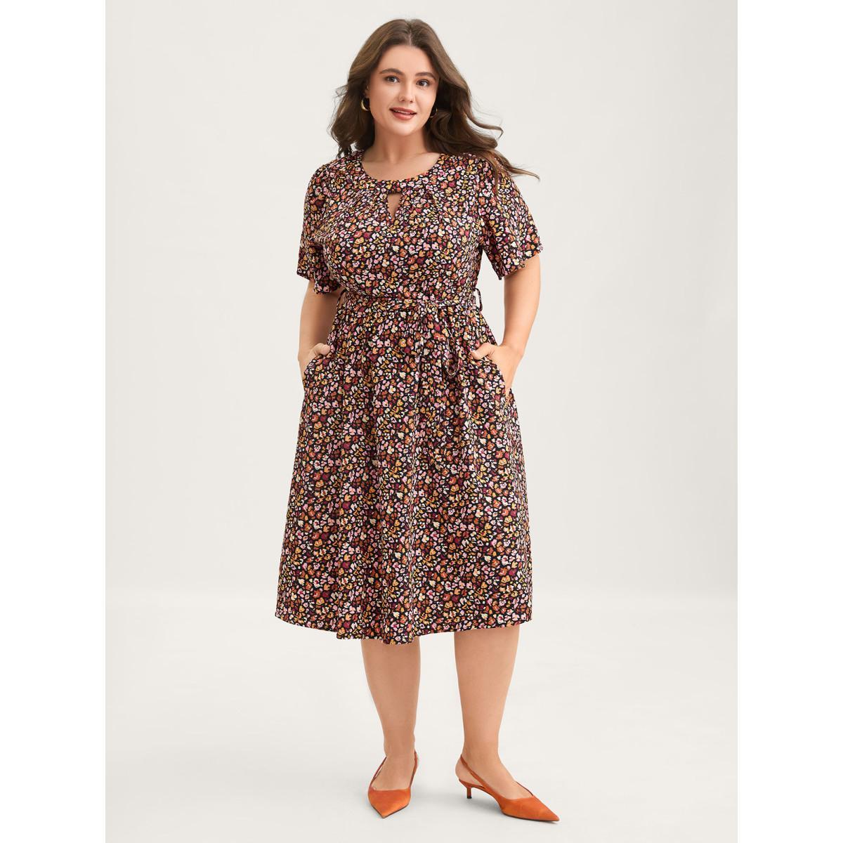 Plus Size Floral Waist Tie Cut-Out Midi Dress Black Women Pleated Round Neck Short sleeve Curvy BloomChic 12/L Product Image