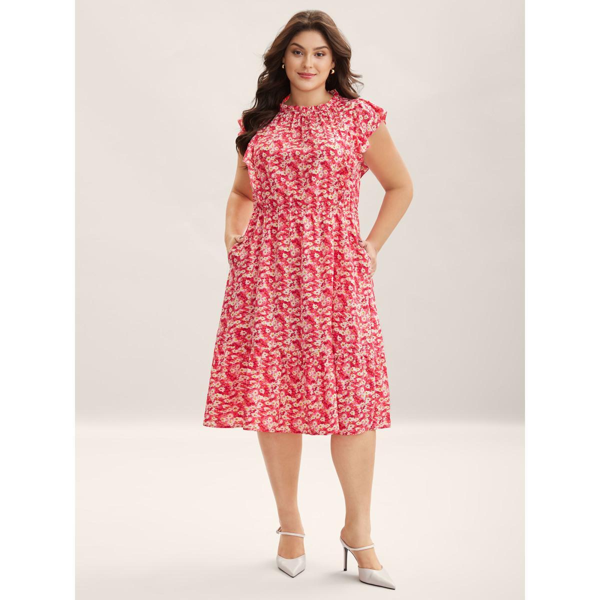 Plus Size Ruffled Neck Floral Print Tiered Midi Dress Peach Women Round Neck Cap Sleeve Curvy BloomChic 12/L Product Image