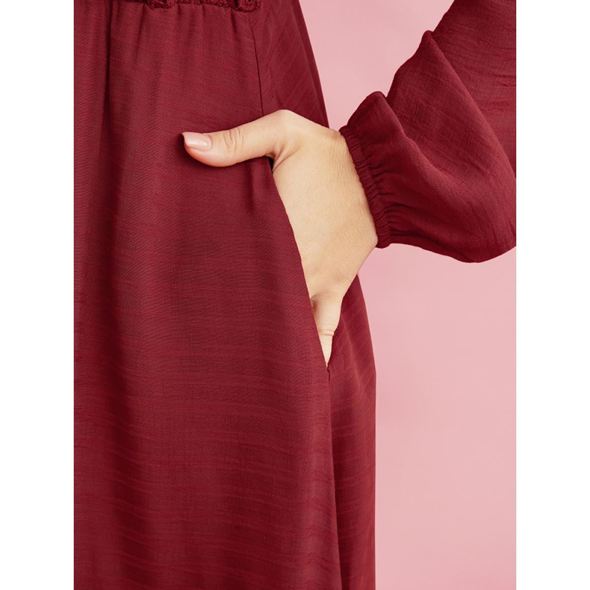 Plus Size Solid Lace Button Up Tie Neck Lantern Sleeve Pocket Flutter Dress Burgundy Women Elegant Patchwork Round Neck Long Sleeve Curvy Midi Dress BloomChic 28/5X Product Image