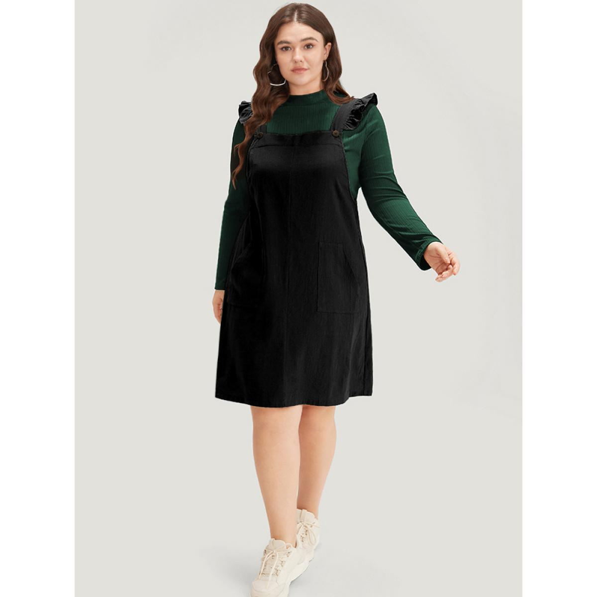 Plus Size Solid Square Neck Button Up Pocket Ruffle Trim Cami Dress Black Women Casual Plain Spaghetti Strap Sleeveless Curvy Knee Dress BloomChic 12/L Product Image