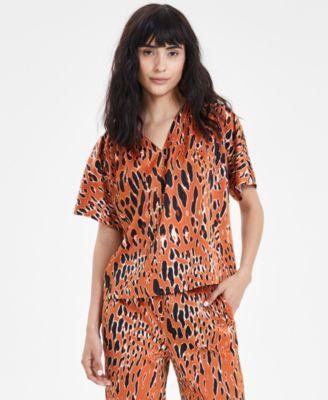 Bar Iii Womens Animal-Print Short-Sleeve Top, Created for Macys - Rich Camel Product Image