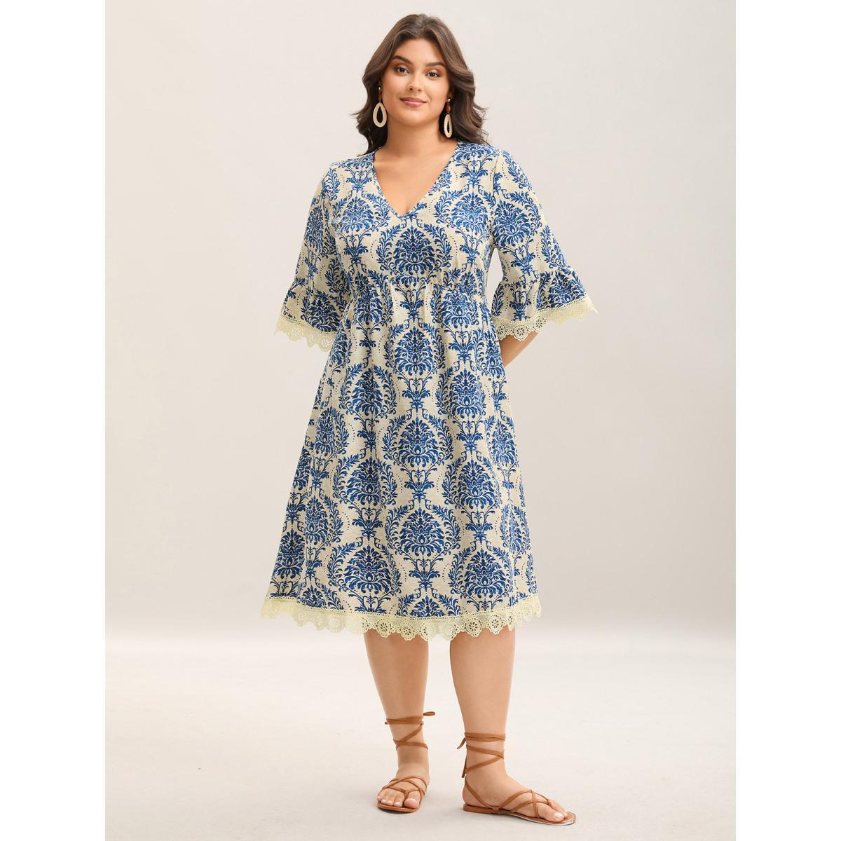 Plus Size Damask Print Lace Detail Midi Dress Mediumblue Women Woven ribbon&lace trim V-neck Elbow-length sleeve Curvy BloomChic 10/M Product Image