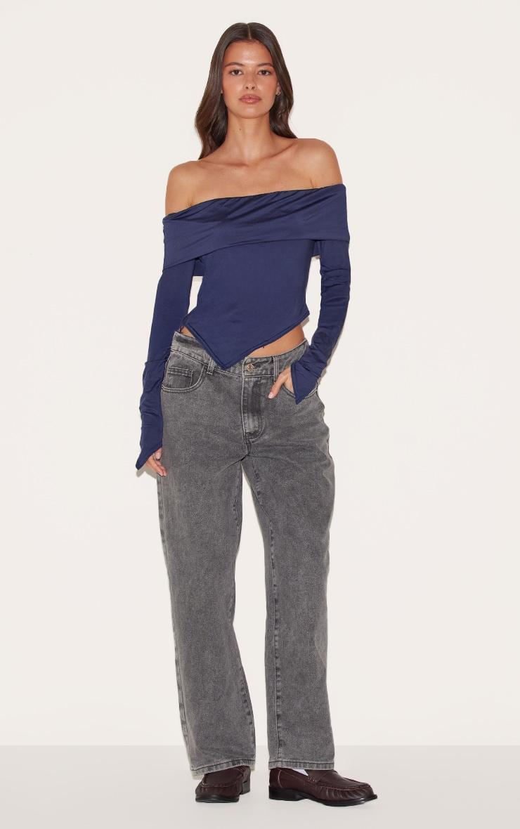 Navy Slinky Bardot Asymmetric Long Top Product Image