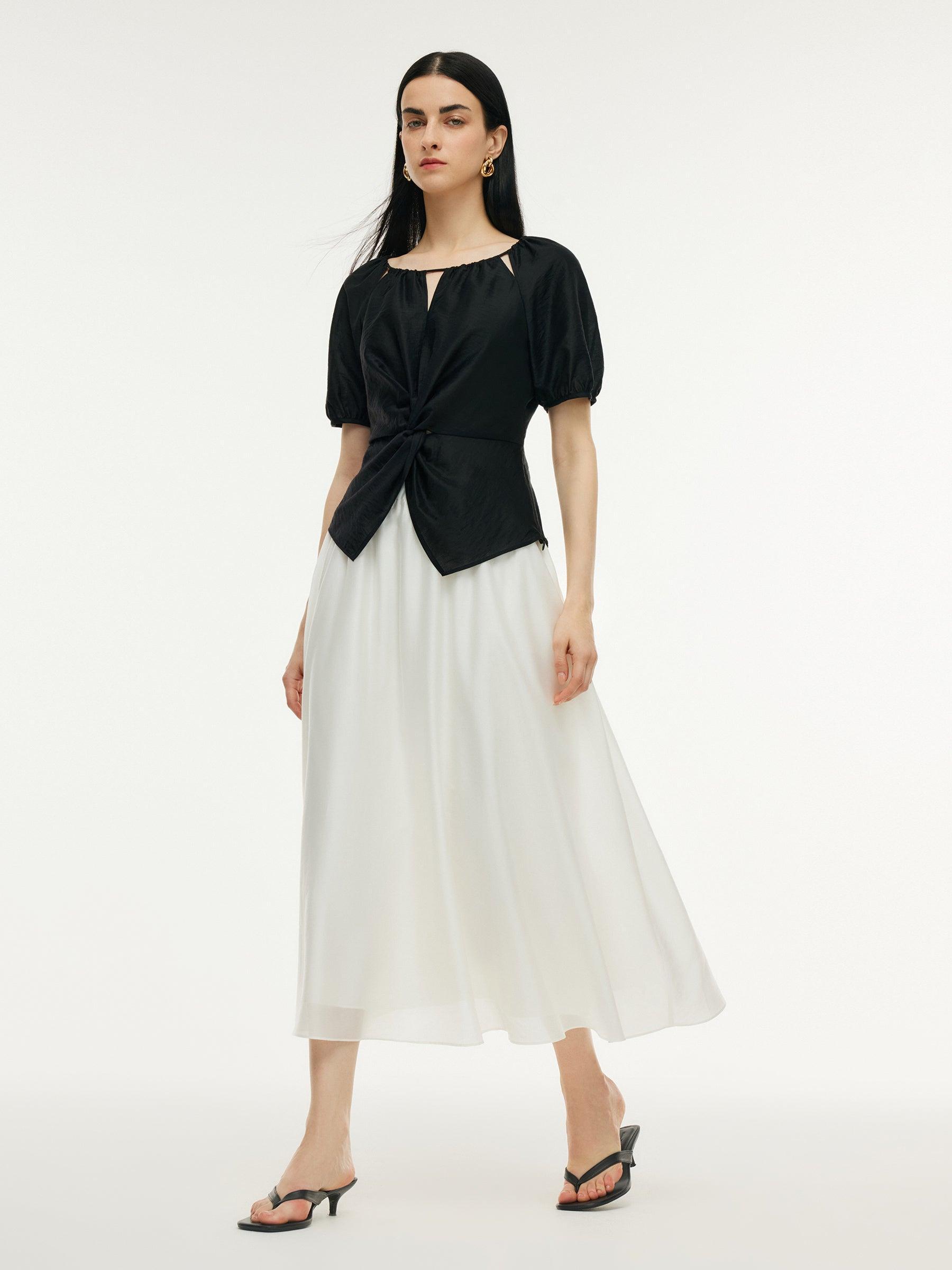 Tencel Blend Twist Front Top And A-Line Skirt Two-Piece Set Product Image