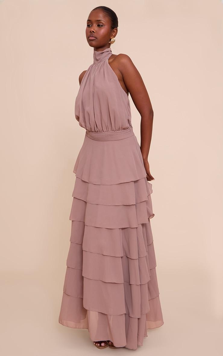 Taupe Chiffon Tiered Maxi Dress Product Image